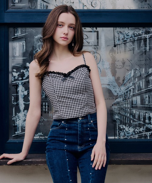 ROYAL PARTY（ロイヤルパーティー）の「レーストリミングリボンキャミソール（キャミソール・レディース・ブルー/オフホワイト/チェック・FREE）」の4枚目の写真