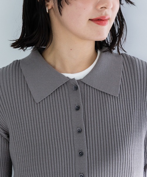 Green　Parks（グリーンパークス）の「襟付きリブニットカーディガン（カーディガン/ボレロ・レディース・グレー/ホワイト系その他2/ダークネイビー・FREE）」の9枚目の写真
