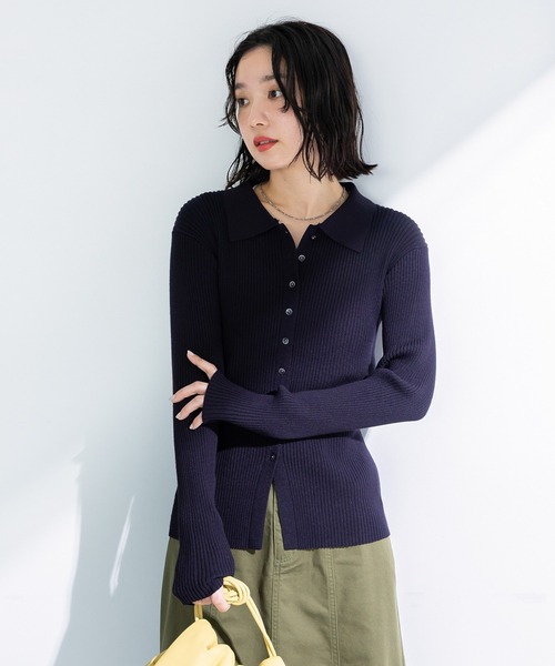 Green　Parks（グリーンパークス）の「襟付きリブニットカーディガン（カーディガン/ボレロ・レディース・グレー/ホワイト系その他2/ダークネイビー・FREE）」の14枚目の写真