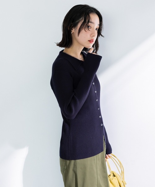 Green　Parks（グリーンパークス）の「襟付きリブニットカーディガン（カーディガン/ボレロ・レディース・グレー/ホワイト系その他2/ダークネイビー・FREE）」の15枚目の写真