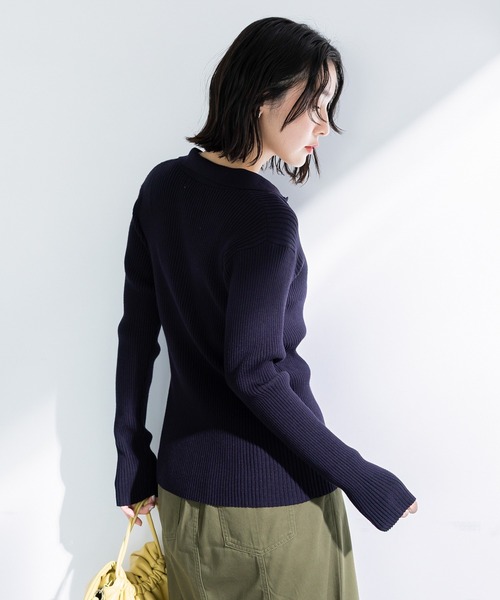 Green　Parks（グリーンパークス）の「襟付きリブニットカーディガン（カーディガン/ボレロ・レディース・グレー/ホワイト系その他2/ダークネイビー・FREE）」の16枚目の写真