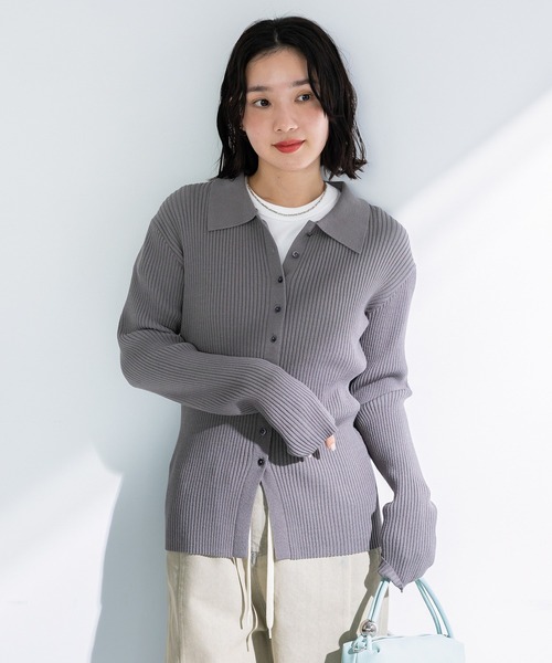 Green　Parks（グリーンパークス）の「襟付きリブニットカーディガン（カーディガン/ボレロ・レディース・グレー/ホワイト系その他2/ダークネイビー・FREE）」の7枚目の写真