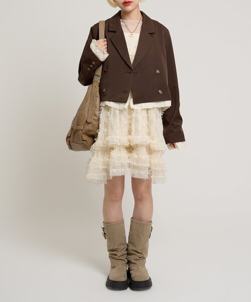 w closet(ダブルクローゼット)の「ショートフリルジャケット(テーラードジャケット・レディース・チャコールグレー/ブラウン・FREE)」の14枚目の写真