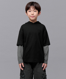 オーバーサイズフードレイヤード長袖Tシャツ[ブラック/ダークグレー]