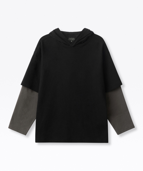 MUSINSA STANDARD KIDS（ムシンサスタンダードキッズ）の「オーバーサイズフードレイヤード長袖Tシャツ[ブラック/ダークグレー]（パーカー・レディース・その他・100/110/120/130/140/150/160）」の2枚目の写真