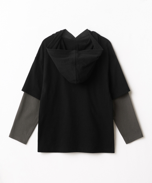 MUSINSA STANDARD KIDS（ムシンサスタンダードキッズ）の「オーバーサイズフードレイヤード長袖Tシャツ[ブラック/ダークグレー]（パーカー・レディース・その他・100/110/120/130/140/150/160）」の3枚目の写真