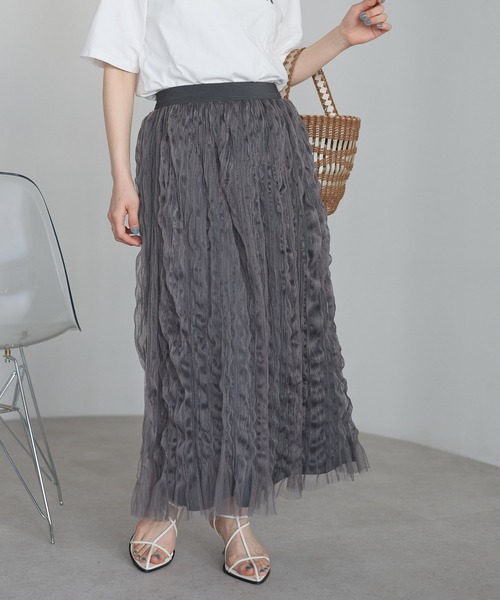 r.（アールドット）の「チュール　ウェーブワッシャースカート（スカート・レディース・チャコールグレー/ブラック/アイボリー・FREE）」の3枚目の写真