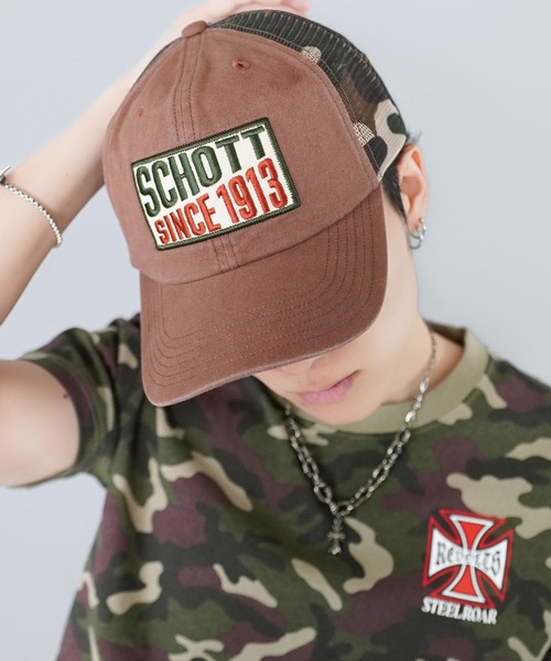 schott（ショット）の「【SCHOTT/ショット】1913ロゴワッペンメッシュキャップ/トラッカーキャップ（キャップ・メンズ・ブラック/ブラウン・ONESIZE）」の12枚目の写真
