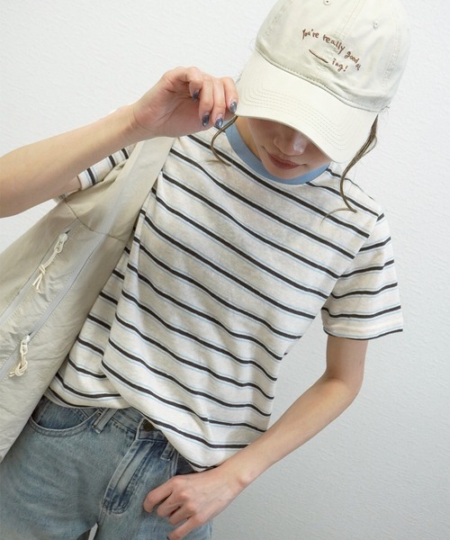gossara(ゴサラ)の「【ラフに着映える】マルチボーダーTシャツ(Tシャツ/カットソー・レディース・グレー/アイボリー・FREE)」の21枚目の写真