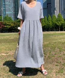 ラウンドネック ストライプ 半袖 ギャザー切替 ロングワンピース