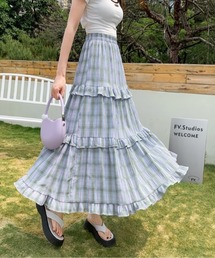 チェック柄ティアードロングスカート
