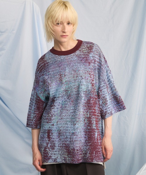 MAISON SPECIAL(メゾンスペシャル)の「《UNISEX》Dry KASURI Abstract Pattern Prime-Over Knit T-shirt/ドライカスリアブストラクトパターンプライムイムオーバーニットTシャツ【MAISON SPECIAL/メゾンスペシャル】(Tシャツ/カットソー・メンズ・ライトブルー/パープル・2/1/0)」の1枚目の写真