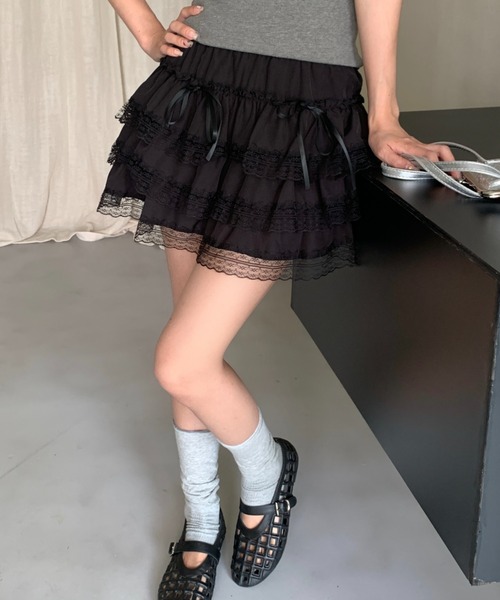 Achic（アシック）の「リボン付けレースショットスカート（スカート・レディース・ホワイト/ブラック/アイボリー・M）」の8枚目の写真