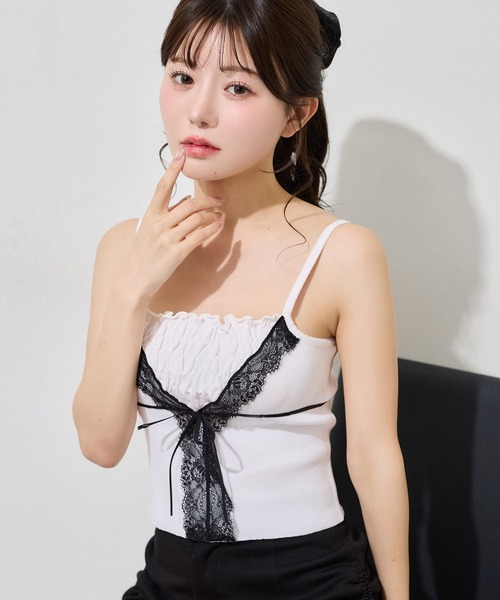 one after another NICE CLAUP（ワンアフターアナザーナイスクラップ）の「【アンサンブル可能/カーデ別売り】レース付きシアーニットビスチェ（ニット/セーター・レディース・ピンク系その他/サックスブルー/ブラック/ピンク/オフホワイト・FREE）」の5枚目の写真