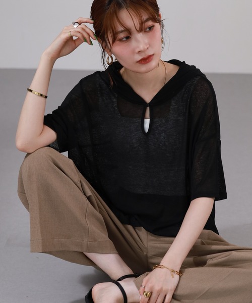 atONE(アットワン)の「シアーヘンリーパーカー 半袖(パーカー・レディース・ミント/グレー系その他/ブラック/アイボリー・F)」の6枚目の写真