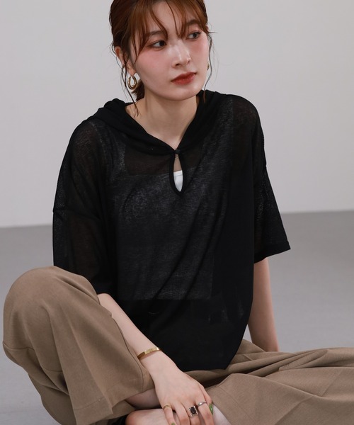 atONE(アットワン)の「シアーヘンリーパーカー 半袖(パーカー・レディース・ミント/グレー系その他/ブラック/アイボリー・F)」の7枚目の写真