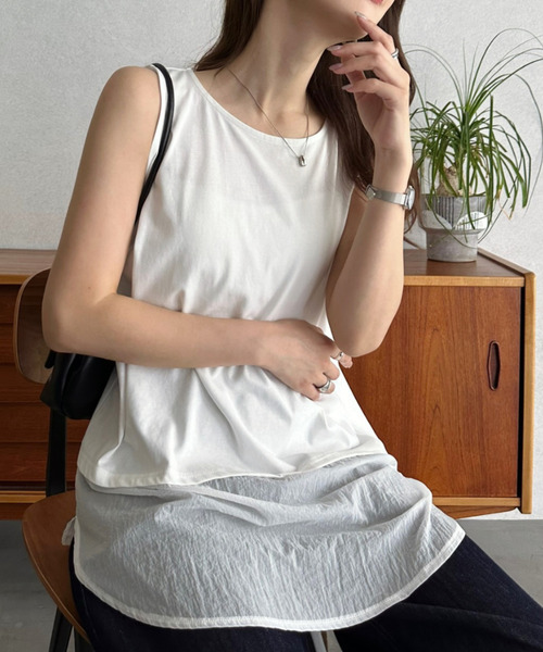 Eclat one(エクラワン)の「【Eclat one】【接触冷感】裾 シアー 切替 レイヤード タンクトップ(タンクトップ・レディース・オフホワイト/ブラック/ブルー・FREE)」の1枚目の写真