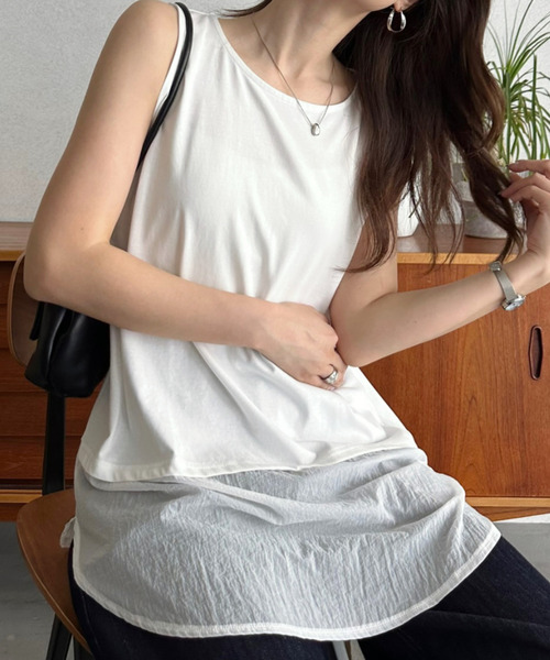 Eclat one(エクラワン)の「【Eclat one】【接触冷感】裾 シアー 切替 レイヤード タンクトップ(タンクトップ・レディース・オフホワイト/ブラック/ブルー・FREE)」の4枚目の写真