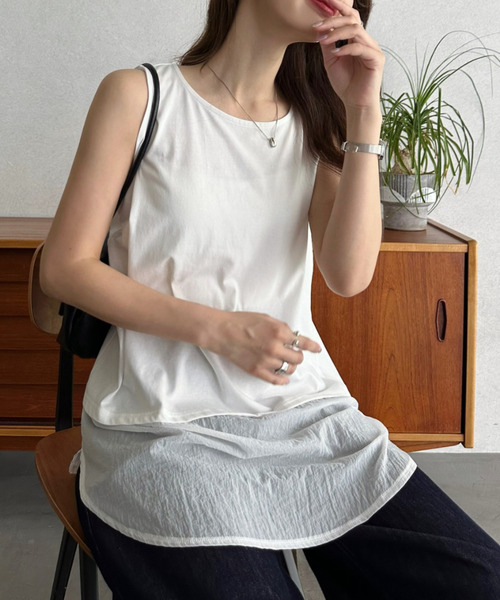 Eclat one(エクラワン)の「【Eclat one】【接触冷感】裾 シアー 切替 レイヤード タンクトップ(タンクトップ・レディース・オフホワイト/ブラック/ブルー・FREE)」の6枚目の写真