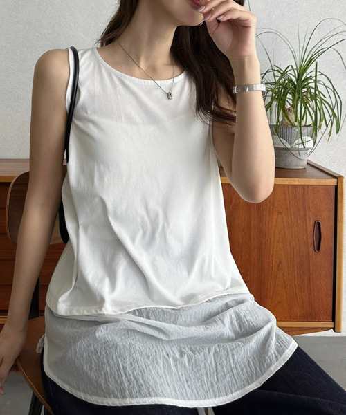 Eclat one(エクラワン)の「【Eclat one】【接触冷感】裾 シアー 切替 レイヤード タンクトップ(タンクトップ・レディース・オフホワイト/ブラック/ブルー・FREE)」の7枚目の写真