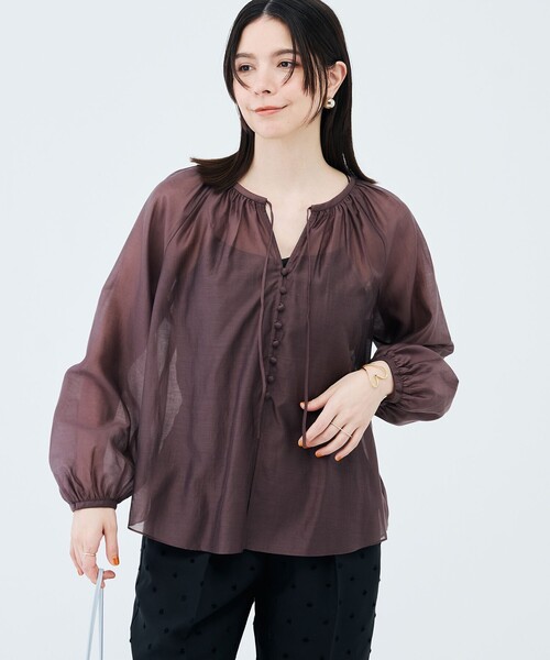NOLLEY’S(ノーリーズ)の「ウォッシャブルシアーギャザーネックブラウス(シャツ/ブラウス・レディース・レッド/ダークブラウン・38)」の5枚目の写真