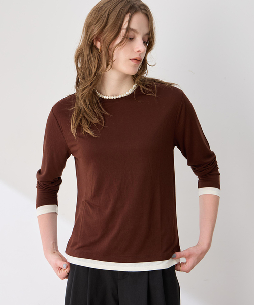 LE SOUK HOLIDAY(ルスークホリデー)の「レイヤード風クルーネックTシャツ(Tシャツ/カットソー・レディース・サックスブルー/ダークブラウン/ブラック・L/M)」の2枚目の写真