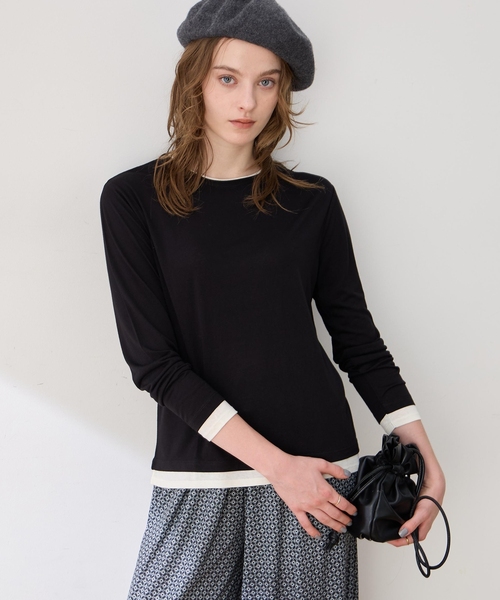 LE SOUK HOLIDAY(ルスークホリデー)の「レイヤード風クルーネックTシャツ(Tシャツ/カットソー・レディース・サックスブルー/ダークブラウン/ブラック・L/M)」の1枚目の写真