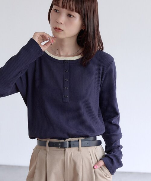 DISCOAT(ディスコート)の「【WEB限定】リブヘンリーロングスリーブ(Tシャツ/カットソー・レディース・ネイビー/ホワイト/ブラック・FREE)」の3枚目の写真