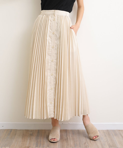 andme(アンドミー)の「フロントボタンロングプリーツスカート(スカート・レディース・ブラック/ベージュ/オートミール・M)」の1枚目の写真