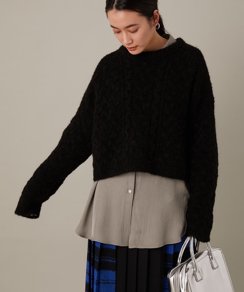 ADAM ET ROPE'（アダムエロペ）の「エコアルパカクロップドプルオーバー（ニット/セーター・レディース・ブラック/ベージュ・FREE）」の2枚目の写真