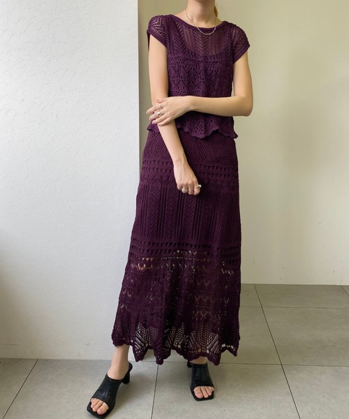 UNRELISH（アンレリッシュ）の「セットアップクロシェニットトップス（ニット/セーター・レディース・パープル/ベージュ/モカ・MEDIUM）」の6枚目の写真