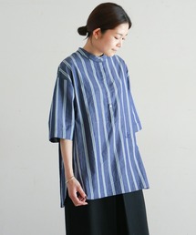 Blanc Bleu Minuit | 100/2カラーストライプ　スタンドネックシャツ(シャツ/ブラウス)