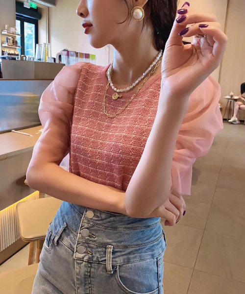emi+(エミプラス)の「5分袖シアードッキングチェックニットブラウス(シャツ/ブラウス・レディース・ホワイト/ブラック/ピンク・FREE)」の3枚目の写真