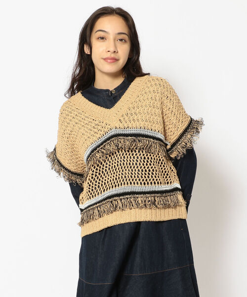 EN'DAY(エンディ) バックレースボーダーフリンジニット