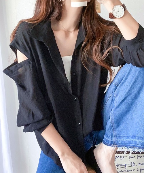 大人の肌魅せ。オープンショルダーシアーボイルシャツ