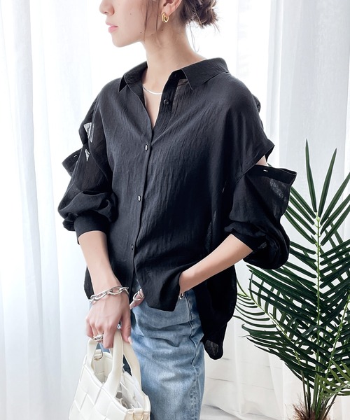 classicalelf（クラシカルエルフ）の「大人の肌魅せ。カットアウトシアー素材ボイルシャツ（シャツ/ブラウス・レディース・ホワイト/ブラック/ピンクベージュ・SMALL/MEDIUM/LARGE/X-LARGE）」の6枚目の写真