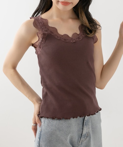 OLIVE des OLIVE（オリーブデオリーブ）の「ダブルフロントレース付インナー　1563100104（タンクトップ・レディース・ブラック/オフホワイト/ブラウン・FREE）」の3枚目の写真