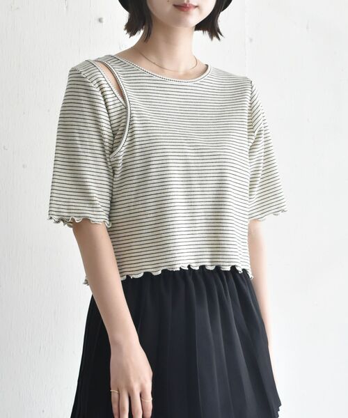 RETRO GIRL（レトロガール）の「ワッフルボーダー肩アキTee（Tシャツ/カットソー・レディース・ホワイト系その他/ブラック系その他3/グリーン系その他3・FREE）」の2枚目の写真