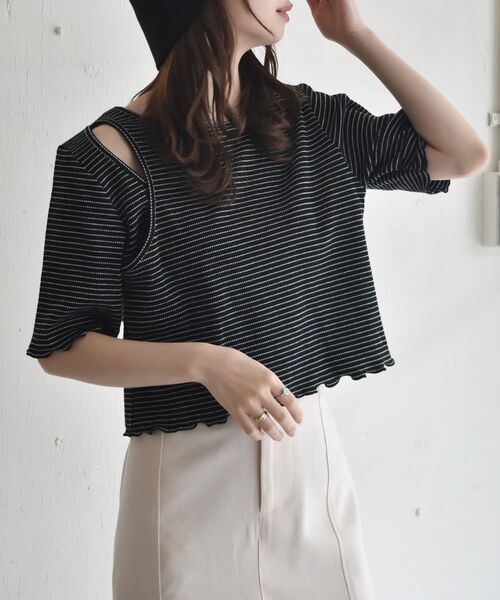 RETRO GIRL（レトロガール）の「ワッフルボーダー肩アキTee（Tシャツ/カットソー・レディース・ホワイト系その他/ブラック系その他3/グリーン系その他3・FREE）」の3枚目の写真