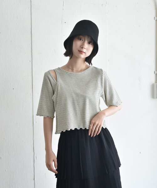 RETRO GIRL（レトロガール）の「ワッフルボーダー肩アキTee（Tシャツ/カットソー・レディース・ホワイト系その他/ブラック系その他3/グリーン系その他3・FREE）」の8枚目の写真