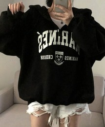 韓国ファッションMARINESロゴハーフジップ長袖オーバーサイズパーカー