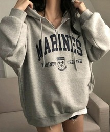 Dalfwin | 2022 AW 秋冬 韓国ファッション スウェット フーディ レディース　MARINESハーフジップブルゾン オーバーサイズパーカー ビッグシルエット トレーナーロゴプリント(パーカー)