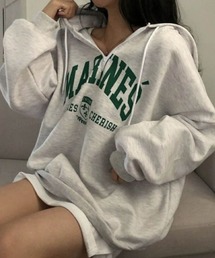 Dalfwin | 【裏起毛あり・なし】2022 AW 秋冬 韓国ファッション スウェット フーディ レディース MARINESハーフジップブルゾン オーバーサイズパーカー ビッグシルエット トレーナーロゴプリント(パーカー)