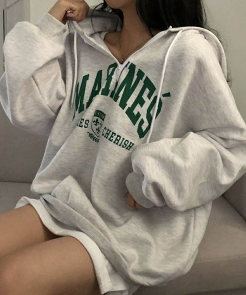 Dalfwin（ダールフィン）の「韓国ファッションMARINESロゴハーフジップ長袖オーバーサイズパーカー（パーカー・レディース・ブラック/グレー/ホワイト系その他/ホワイト系その他2/ブラック系その他/グレー系その他・ONE SIZE/FREE）」の3枚目の写真
