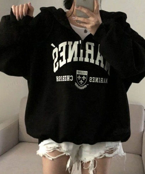 Dalfwin（ダールフィン）の「韓国ファッションMARINESロゴハーフジップ長袖オーバーサイズパーカー（パーカー・レディース・ブラック/グレー/ホワイト系その他/ホワイト系その他2/ブラック系その他/グレー系その他・ONE SIZE/FREE）」の11枚目の写真