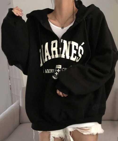 Dalfwin（ダールフィン）の「韓国ファッションMARINESロゴハーフジップ長袖オーバーサイズパーカー（パーカー・レディース・ブラック/グレー/ホワイト系その他/ホワイト系その他2/ブラック系その他/グレー系その他・ONE SIZE/FREE）」の13枚目の写真