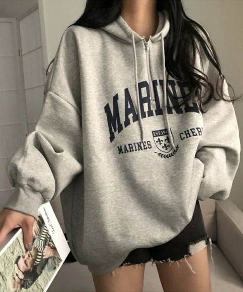 Dalfwin（ダールフィン）の「韓国ファッションMARINESロゴハーフジップ長袖オーバーサイズパーカー（パーカー・レディース・ブラック/グレー/ホワイト系その他/ホワイト系その他2/ブラック系その他/グレー系その他・ONE SIZE/FREE）」の15枚目の写真