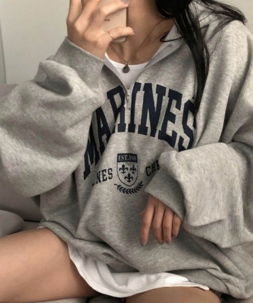 Dalfwin（ダールフィン）の「韓国ファッションMARINESロゴハーフジップ長袖オーバーサイズパーカー（パーカー・レディース・ブラック/グレー/ホワイト系その他/ホワイト系その他2/ブラック系その他/グレー系その他・ONE SIZE/FREE）」の8枚目の写真