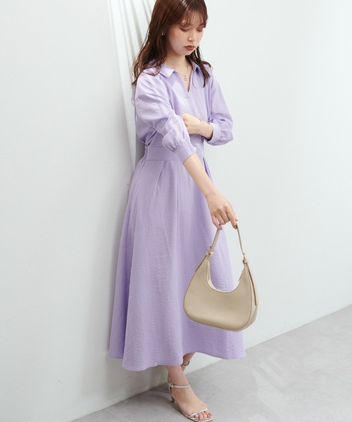 natural couture(ナチュラルクチュール)の「スキッパー衿7分袖ワンピース(ワンピース・レディース・その他2/ブラック/モカ/グリーン/ラベンダー/ドット・FREE)」の1枚目の写真