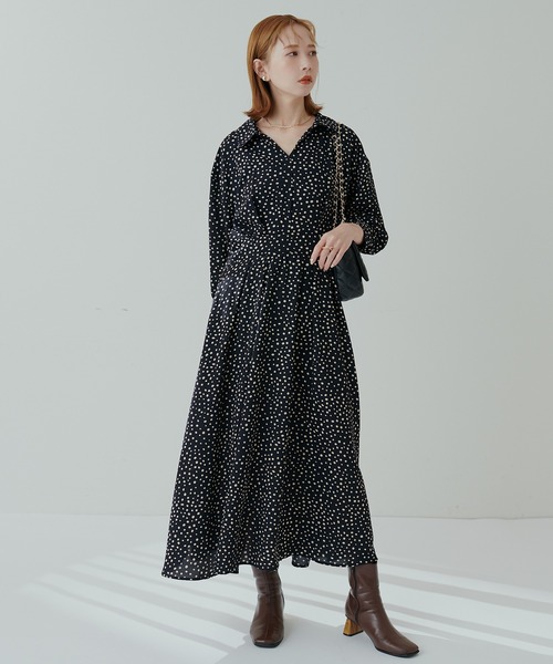 natural couture(ナチュラルクチュール)の「スキッパー衿7分袖ワンピース(ワンピース・レディース・その他2/ブラック/モカ/グリーン/ラベンダー/ドット・FREE)」の6枚目の写真